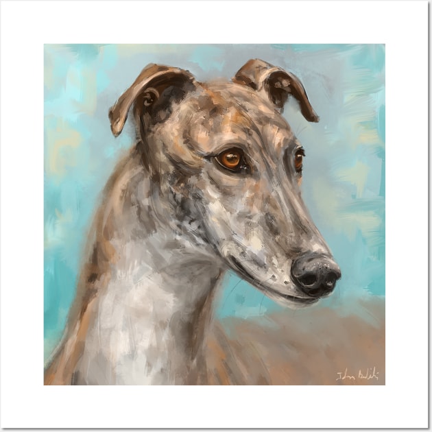 Painting of a Brown Greyhound on Bluish Background Wall Art by ibadishi